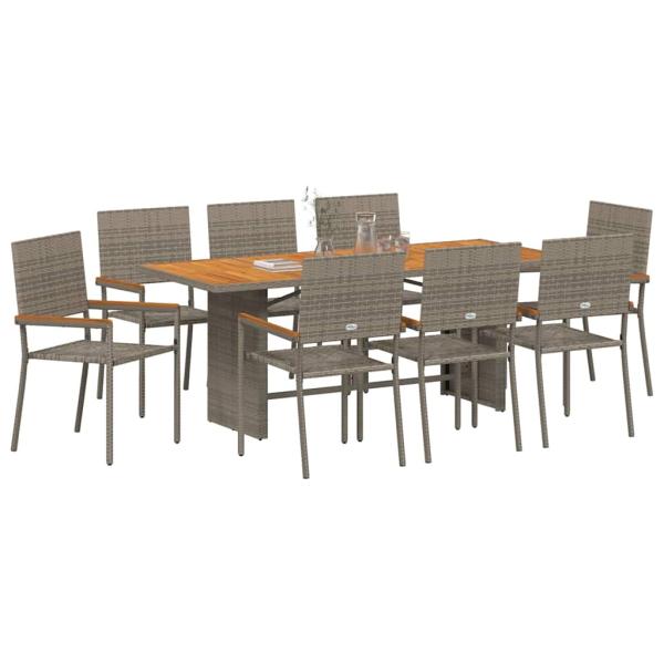 9-teiliges Garten Esstisch Set Grau Poly-Rattan, Stapelbare Gartenstühle mit Kissen 2er Set Grau Poly-Rattan