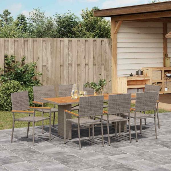 9-teiliges Garten Esstisch Set Grau Poly-Rattan, Stapelbare Gartenstühle mit Kissen 2er Set Grau Poly-Rattan
