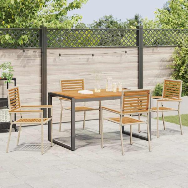 5-teiliges Garten Esszimmer Set Beige Poly Rattan Akazie, Stapelbare Gartenstühle mit Kissen - Set von 2 in Beige Poly Rattan