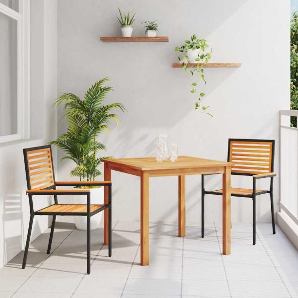 ARDEBO.de - 3-teiliges Garten Esstisch Set schwarzes Poly Rattan Akazie, stapelbare Gartenstühle mit Kissen 2 Stück schwarz Poly Rattan