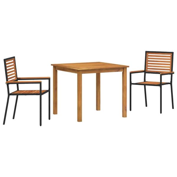 3-teiliges Garten Esstisch Set schwarzes Poly Rattan Akazie, stapelbare Gartenstühle mit Kissen 2 Stück schwarz Poly Rattan