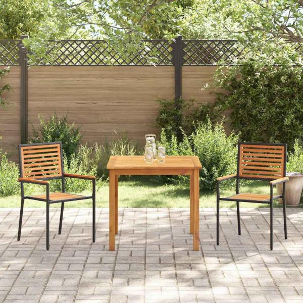 3-teiliges Garten Esstisch Set schwarzes Poly Rattan Akazie, stapelbare Gartenstühle mit Kissen 2 Stück schwarz Poly Rattan
