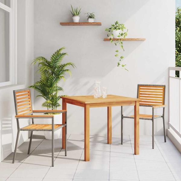 ARDEBO.de - 3 teiliges Garten Essgruppe Grau Poly Rattan Akazie, Stapelbare Gartenstühle mit Kissen 2 Stück Grau Poly Rattan