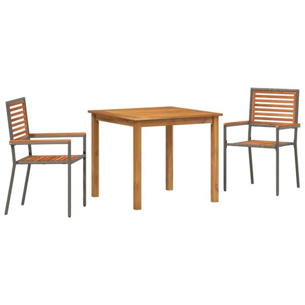 3 teiliges Garten Essgruppe Grau Poly Rattan Akazie, Stapelbare Gartenstühle mit Kissen 2 Stück Grau Poly Rattan