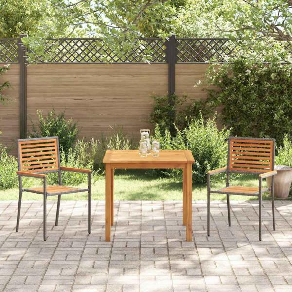 3 teiliges Garten Essgruppe Grau Poly Rattan Akazie, Stapelbare Gartenstühle mit Kissen 2 Stück Grau Poly Rattan