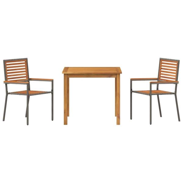 3 teiliges Garten Essgruppe Grau Poly Rattan Akazie, Stapelbare Gartenstühle mit Kissen 2 Stück Grau Poly Rattan