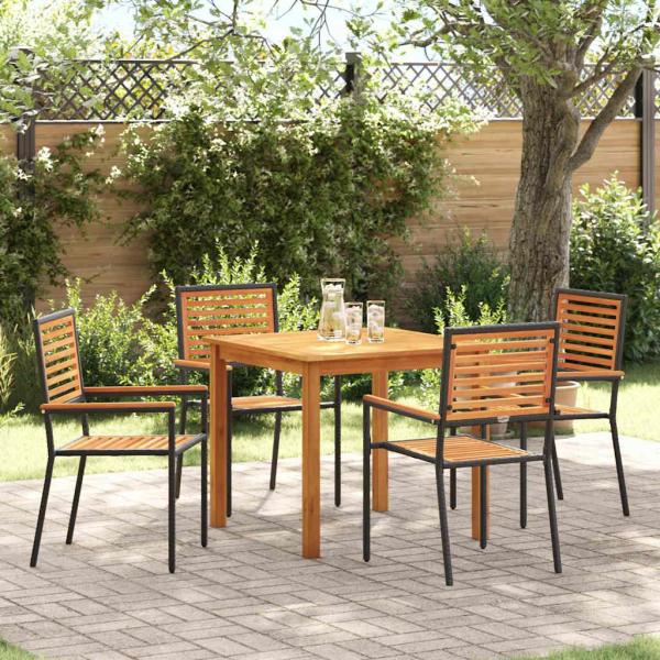 ARDEBO.de - 5-teilige Garten Essgruppe Schwarz Poly Rattan Akazie, Stapelbare Gartenstühle mit Kissen 2 Stück Schwarz Poly Rattan