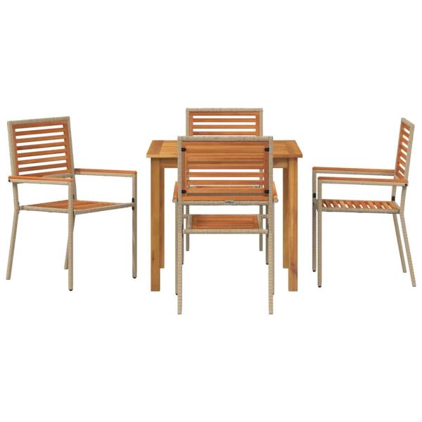 5-teiliges Garten Essset aus beige Poly Rattan und Akazie, Stapelbare Gartenstühle mit Kissen - Set von 2 in beige Poly Rattan