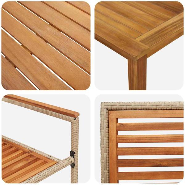 5-teiliges Garten Essset aus beige Poly Rattan und Akazie, Stapelbare Gartenstühle mit Kissen - Set von 2 in beige Poly Rattan