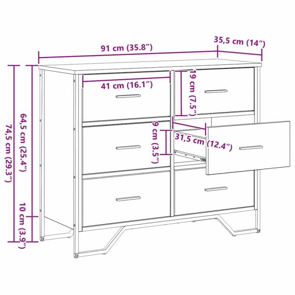 Kommode 6-Schublade Schwarz Eichen-Optik 91 x 35,5 x 74,5 cm