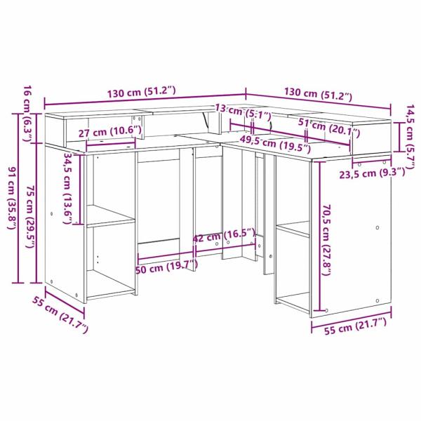 Schreibtisch Schwarz-Eiche 130x130x91 cm Holzwerkstoff