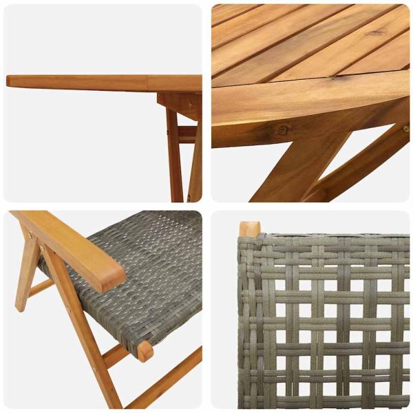 5-teiliges Garten-Esszimmer-Set in Grau aus massivem Akazienholz und Polyrattan
