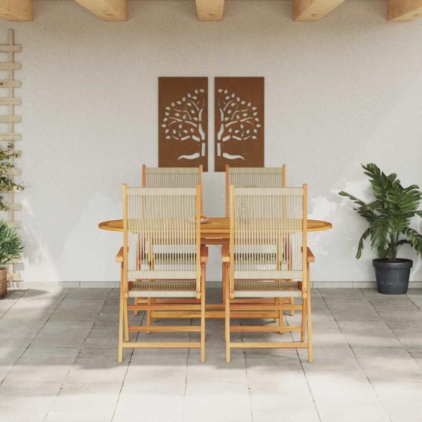 5-tlg. Garten-Essgruppe Beige Massivholz Akazie & Poly Rattan