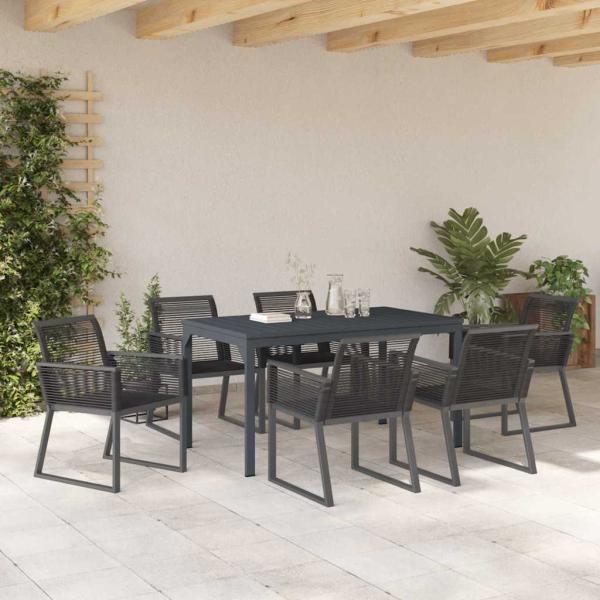 7-teiliges Garten Essset Schwarz Stahl und Poly Rattan