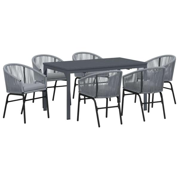 7-teiliges Garten-Dining Set mit Kissen in Grau Poly Rattan