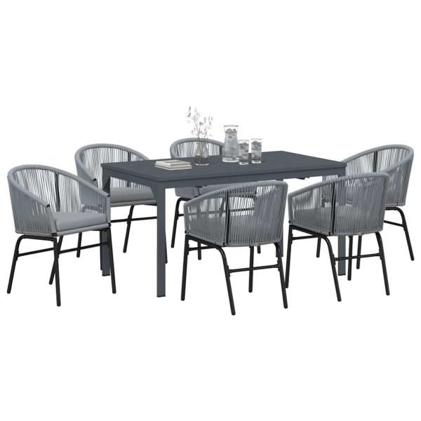 7-teiliges Garten-Dining Set mit Kissen in Grau Poly Rattan