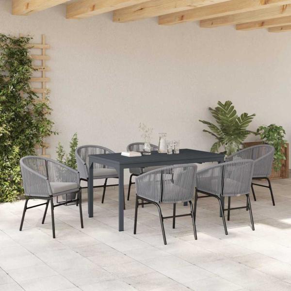 7-teiliges Garten-Dining Set mit Kissen in Grau Poly Rattan