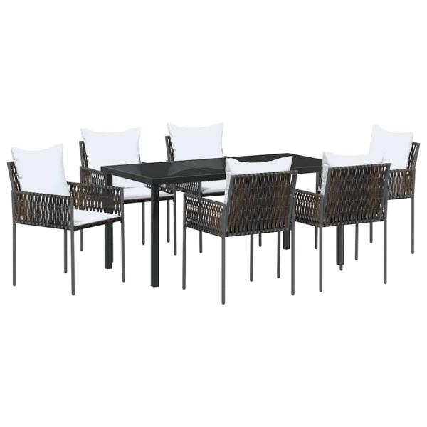 7-teiliges Gartentischset mit Kissen Braun Poly Rattan