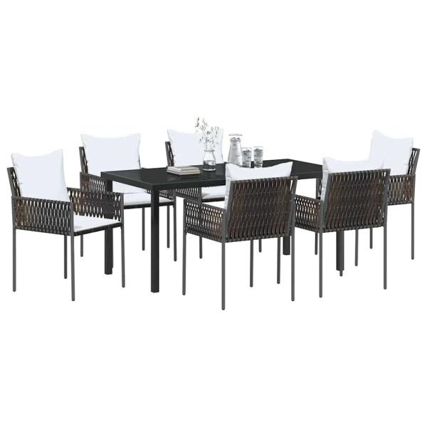 7-teiliges Gartentischset mit Kissen Braun Poly Rattan