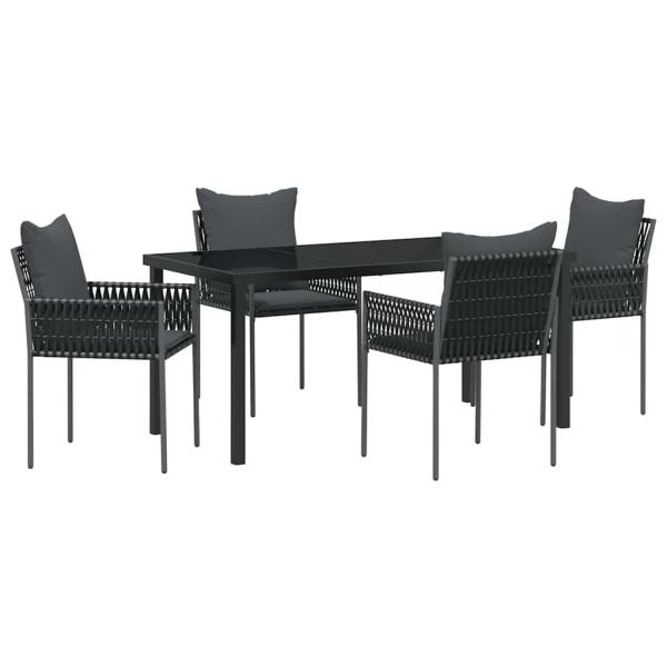 5-teiliges Garten-Ess-Set mit Kissen Schwarz Poly-Rattan
