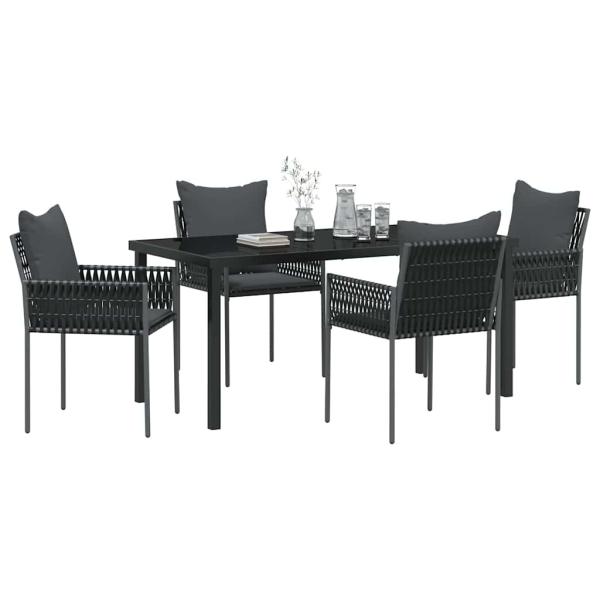 5-teiliges Garten-Ess-Set mit Kissen Schwarz Poly-Rattan