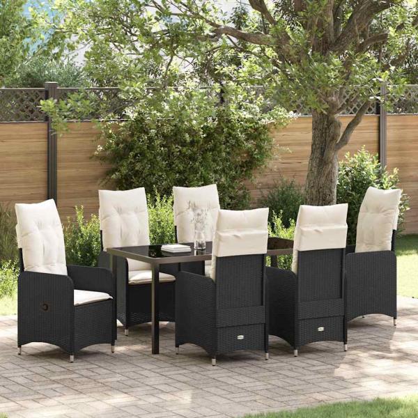 ARDEBO.de - 7-teiliges Garten-Esszimmer-Set mit Kissen in Schwarz Poly-Rattan