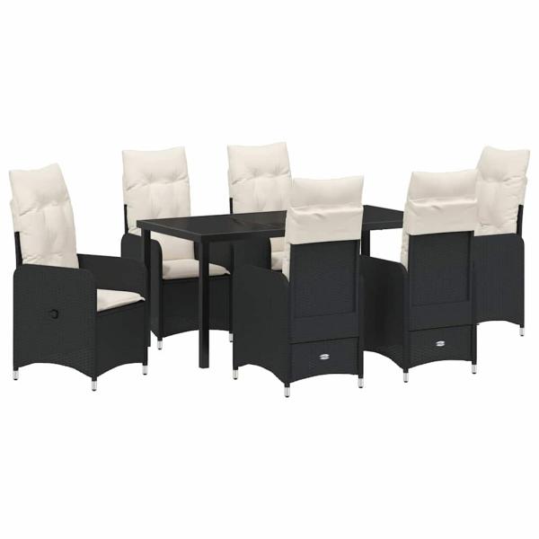 7-teiliges Garten-Esszimmer-Set mit Kissen in Schwarz Poly-Rattan