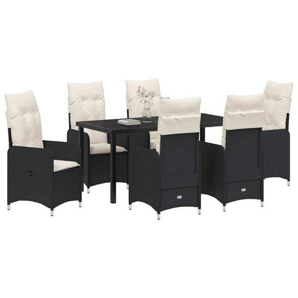 7-teiliges Garten-Esszimmer-Set mit Kissen in Schwarz Poly-Rattan