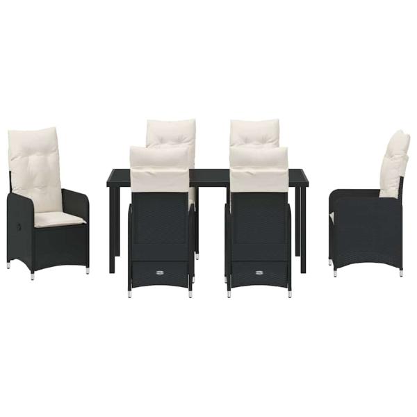 7-teiliges Garten-Esszimmer-Set mit Kissen in Schwarz Poly-Rattan