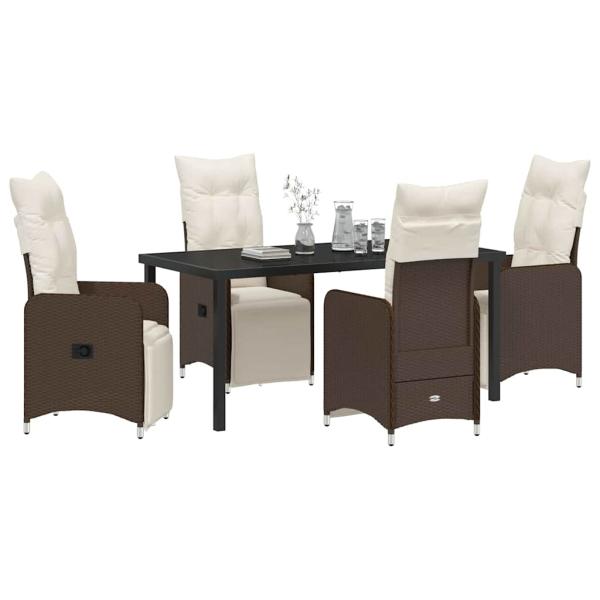 5-tlg. braunes Garten-Esszimmer-Set mit Kissen aus Poly-Rattan
