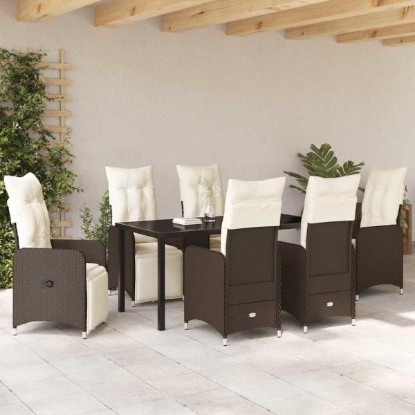 7-teiliges Garten-Ess-Set mit Kissen Braun Poly-Rattan