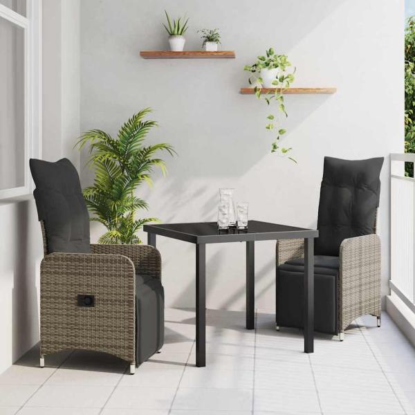 ARDEBO.de - 3-teiliges Garten-Dining-Set mit Kissen Grau Poly-Rattan