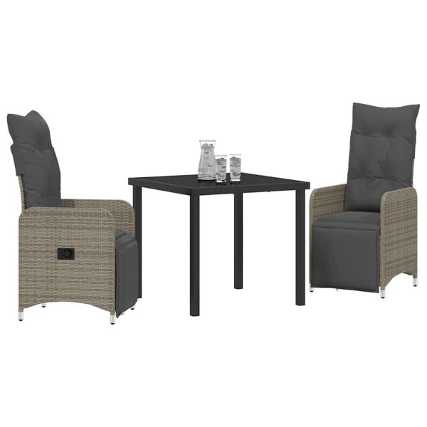 3-teiliges Garten-Dining-Set mit Kissen Grau Poly-Rattan