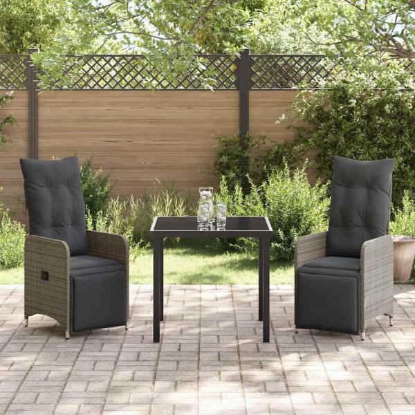 3-teiliges Garten-Dining-Set mit Kissen Grau Poly-Rattan