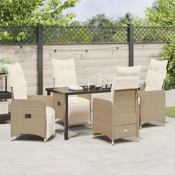 5-teiliges Garten-Ess-Set mit Kissen Beige Poly Rattan