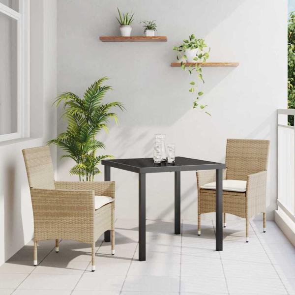 ARDEBO.de - 3-teiliges Garten Essgruppe mit Kissen Beige Poly-Rattan, Gartentisch Schwarz 80x80x73 cm Tempered Glass