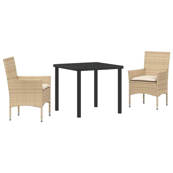 3-teiliges Garten Essgruppe mit Kissen Beige Poly-Rattan, Gartentisch Schwarz 80x80x73 cm Tempered Glass