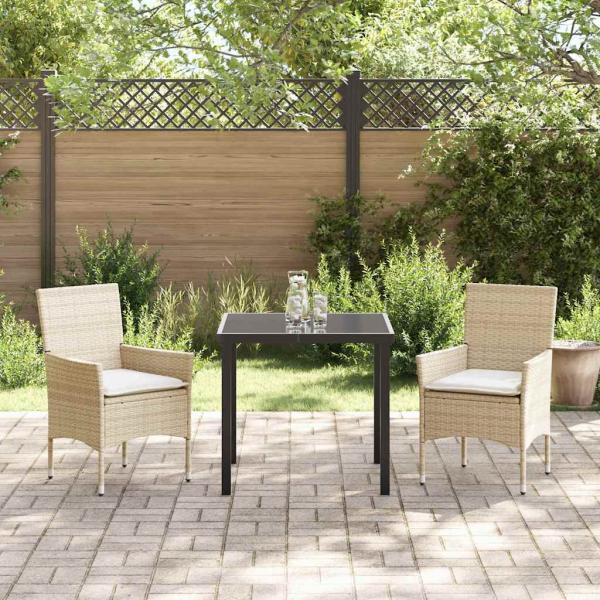 3-teiliges Garten Essgruppe mit Kissen Beige Poly-Rattan, Gartentisch Schwarz 80x80x73 cm Tempered Glass
