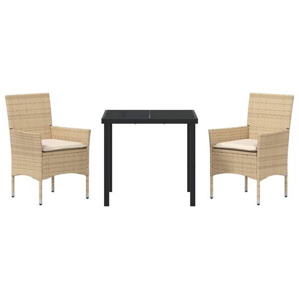 3-teiliges Garten Essgruppe mit Kissen Beige Poly-Rattan, Gartentisch Schwarz 80x80x73 cm Tempered Glass