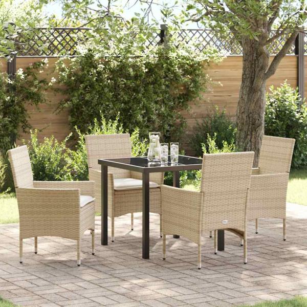ARDEBO.de - 5-teilige Garten Essgruppe mit Kissen Beige Poly Rattan, Gartentisch Schwarz 80x80x73 cm Tempered Glass