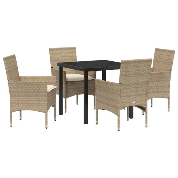 5-teilige Garten Essgruppe mit Kissen Beige Poly Rattan, Gartentisch Schwarz 80x80x73 cm Tempered Glass