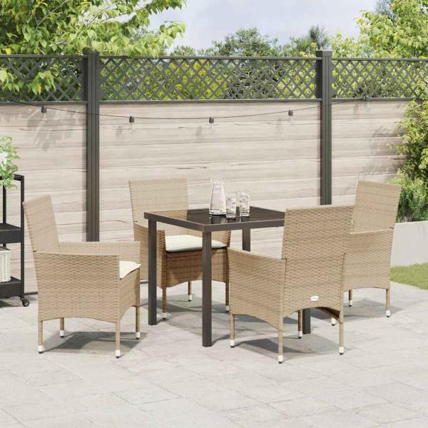 5-teilige Garten Essgruppe mit Kissen Beige Poly Rattan, Gartentisch Schwarz 80x80x73 cm Tempered Glass