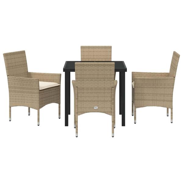 5-teilige Garten Essgruppe mit Kissen Beige Poly Rattan, Gartentisch Schwarz 80x80x73 cm Tempered Glass