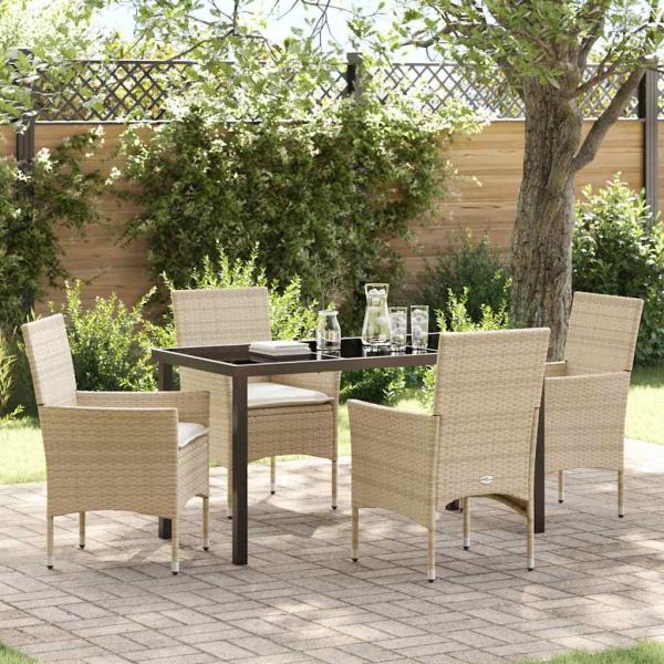 ARDEBO.de - 5-teiliges Garten Esstisch Set mit Kissen Beige Poly Rattan, Gartentisch Schwarz 140x80x73 cm Temperglas