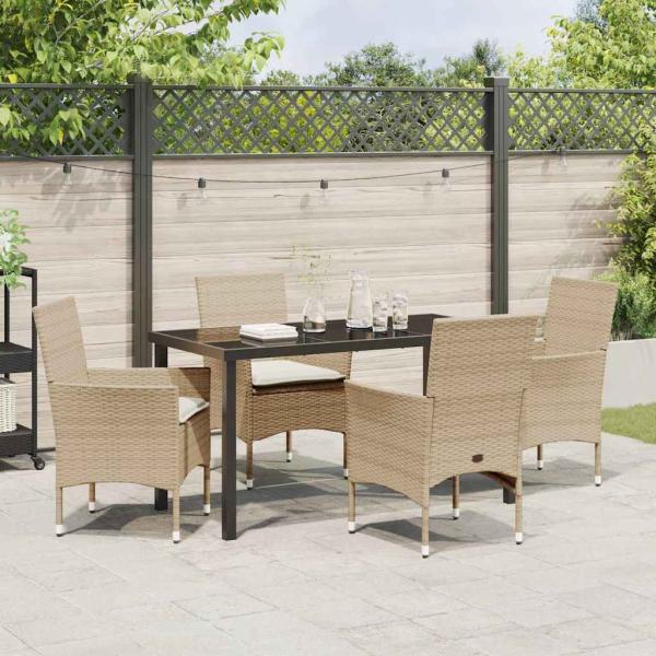5-teiliges Garten Esstisch Set mit Kissen Beige Poly Rattan, Gartentisch Schwarz 140x80x73 cm Temperglas
