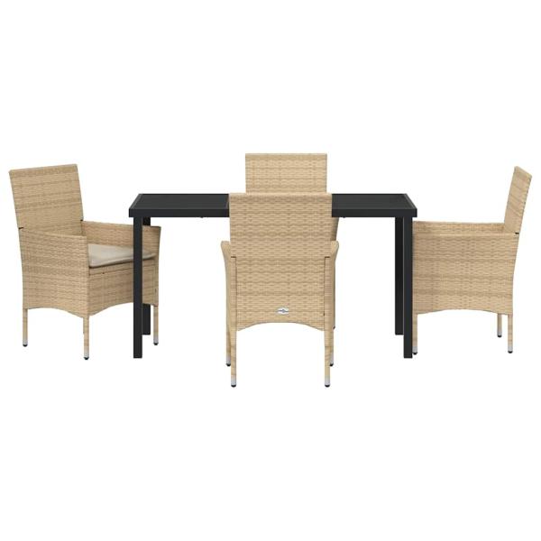 5-teiliges Garten Esstisch Set mit Kissen Beige Poly Rattan, Gartentisch Schwarz 140x80x73 cm Temperglas