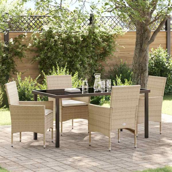 ARDEBO.de - 5-teiliges Garten-Essset mit Kissen Beige Poly Rattan, Gartentisch Schwarz 160x80x73 cm Tempered Glass