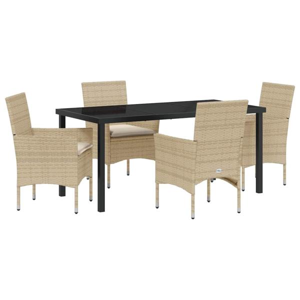 5-teiliges Garten-Essset mit Kissen Beige Poly Rattan, Gartentisch Schwarz 160x80x73 cm Tempered Glass