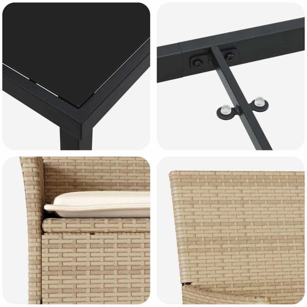 5-teiliges Garten-Essset mit Kissen Beige Poly Rattan, Gartentisch Schwarz 160x80x73 cm Tempered Glass
