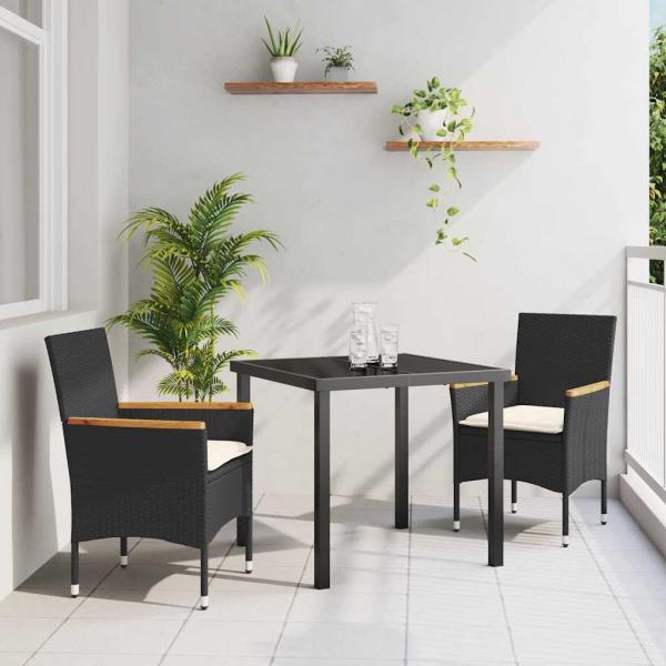 ARDEBO.de - 3-teiliges Garten Esstisch Set mit Kissen Schwarz Poly Rattan, Gartentisch Schwarz 80x80x73 cm Mit Sicherheitsglas